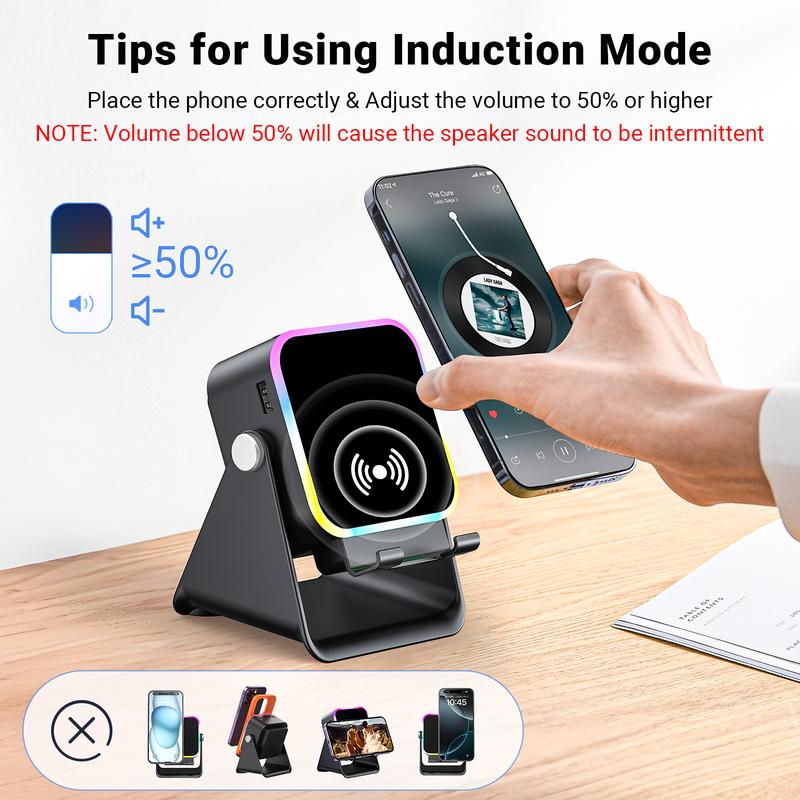 Wireless Induction Audio Speaker Stand, 5in1 Cellphone Holder, 3500mAh Rechargeable Emergency Power Bank,360° Adjustable Mobile Tablet Stand with Colorful Ambient Light Gifts for Men Women
