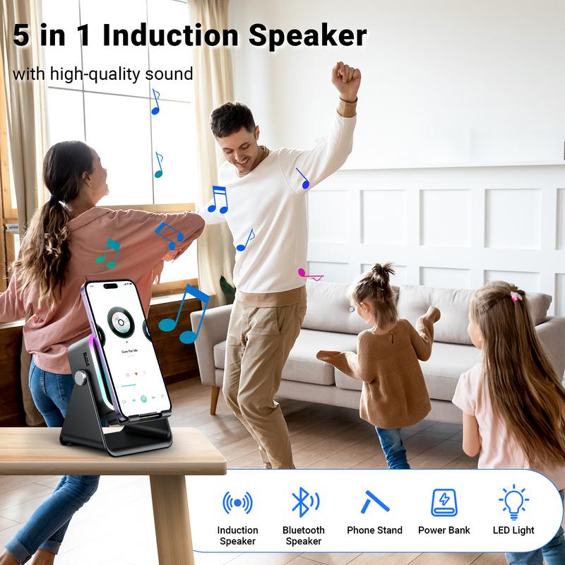 Wireless Induction Audio Speaker Stand, 5in1 Cellphone Holder, 3500mAh Rechargeable Emergency Power Bank,360° Adjustable Mobile Tablet Stand with Colorful Ambient Light Gifts for Men Women