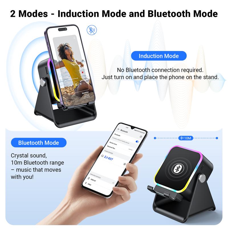 Wireless Induction Audio Speaker Stand, 5in1 Cellphone Holder, 3500mAh Rechargeable Emergency Power Bank,360° Adjustable Mobile Tablet Stand with Colorful Ambient Light Gifts for Men Women