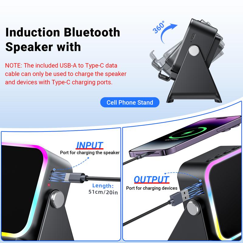 Wireless Induction Audio Speaker Stand, 5in1 Cellphone Holder, 3500mAh Rechargeable Emergency Power Bank,360° Adjustable Mobile Tablet Stand with Colorful Ambient Light Gifts for Men Women