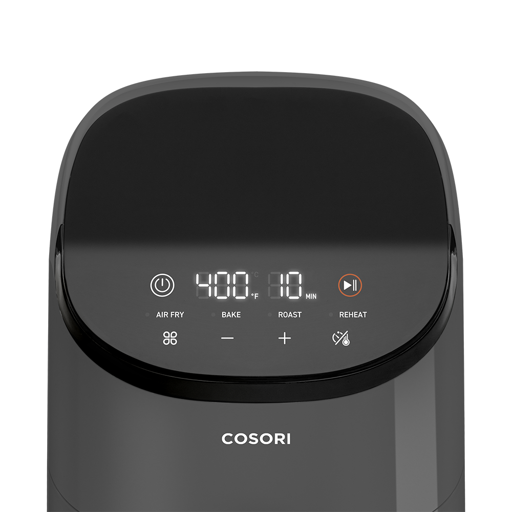 Close-up of the digital touch control panel on the dark grey Cosori Lite 2.1-Qt Air Fryer