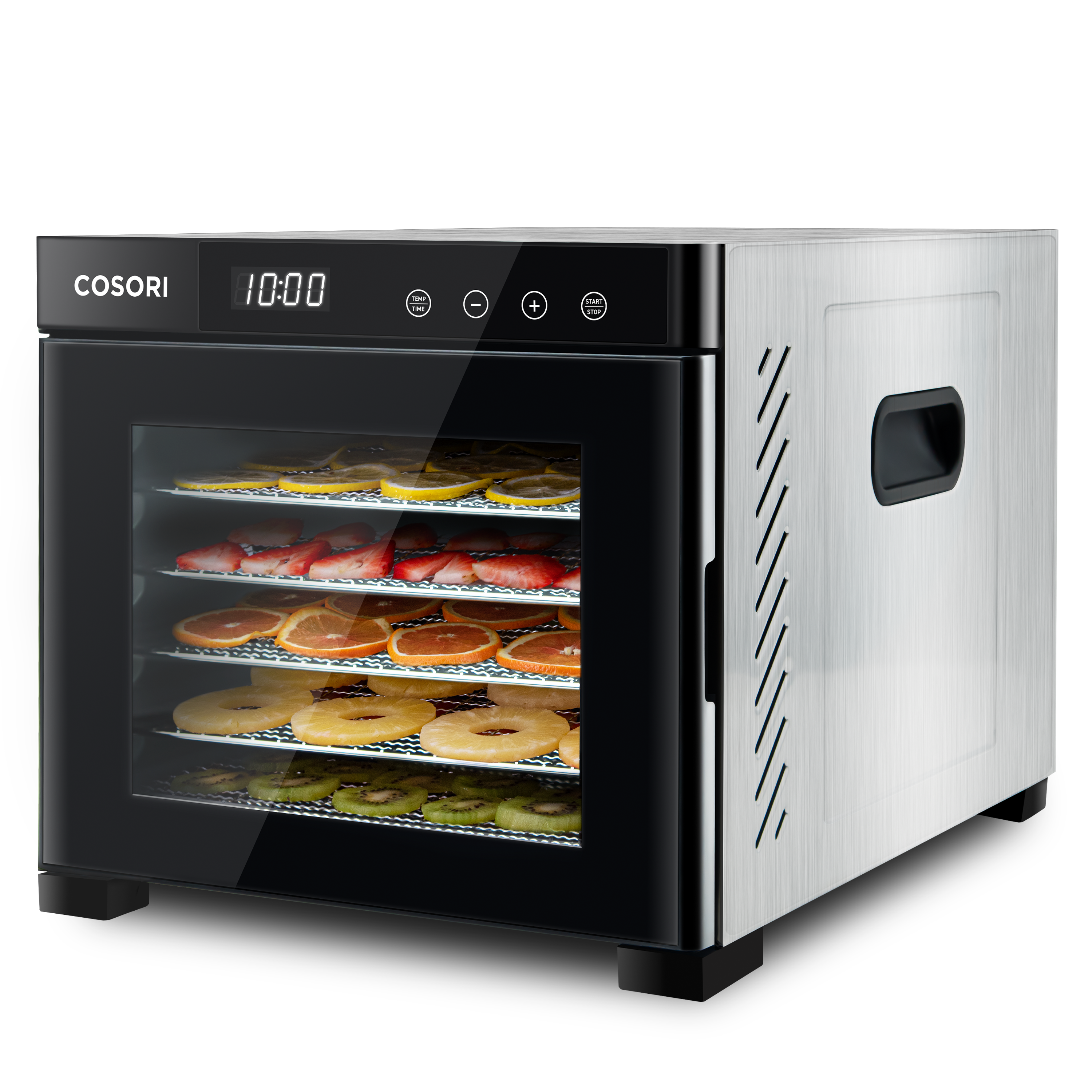 Angled view of COSORI stainless steel food dehydrator with food drying on trays