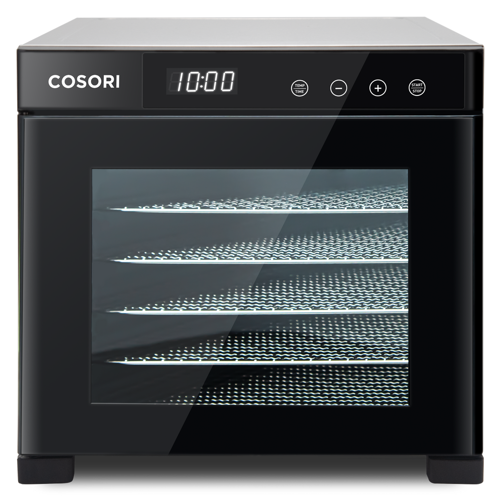 Interior view of COSORI food dehydrator showing multiple stainless steel drying trays