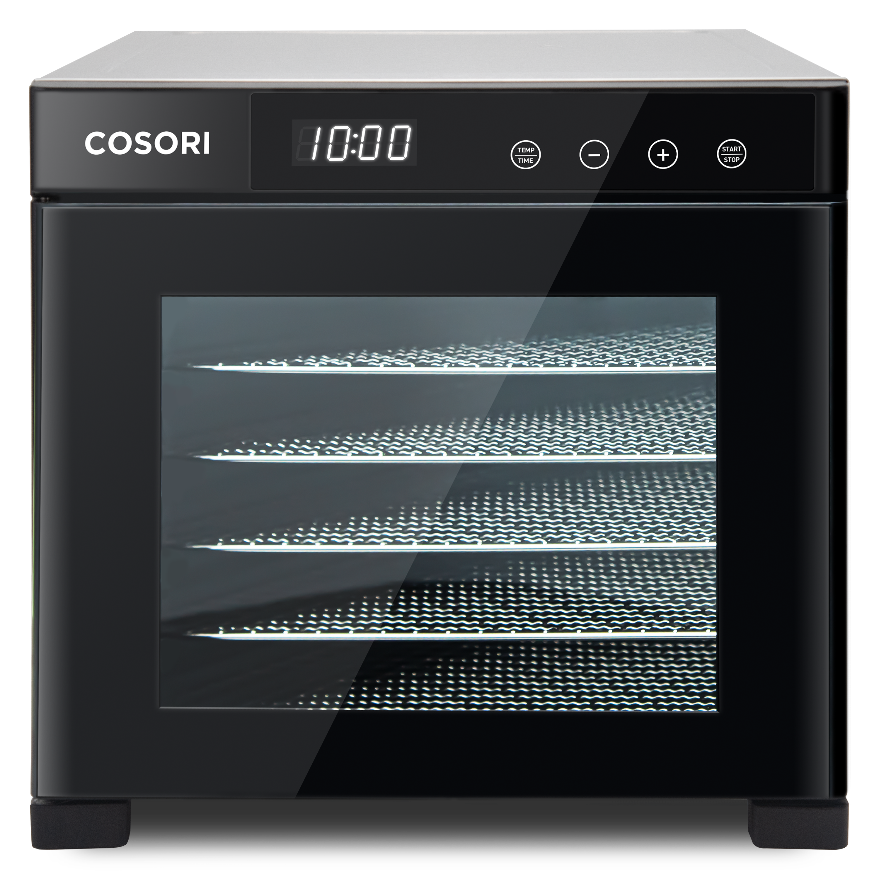 Interior view of COSORI food dehydrator showing multiple stainless steel drying trays