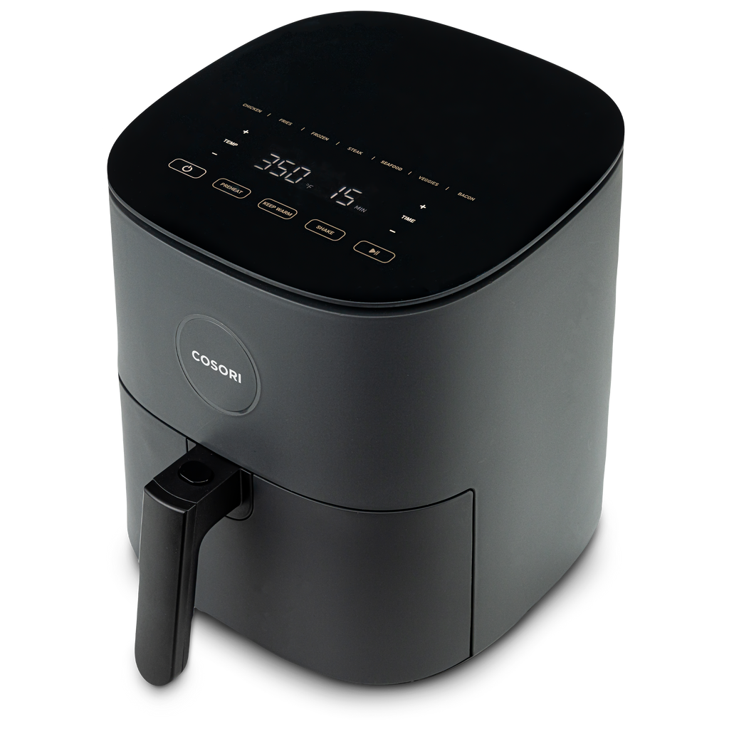 Angled top view of COSORI Pro LE 5.0-Quart Air Fryer with digital touch control panel