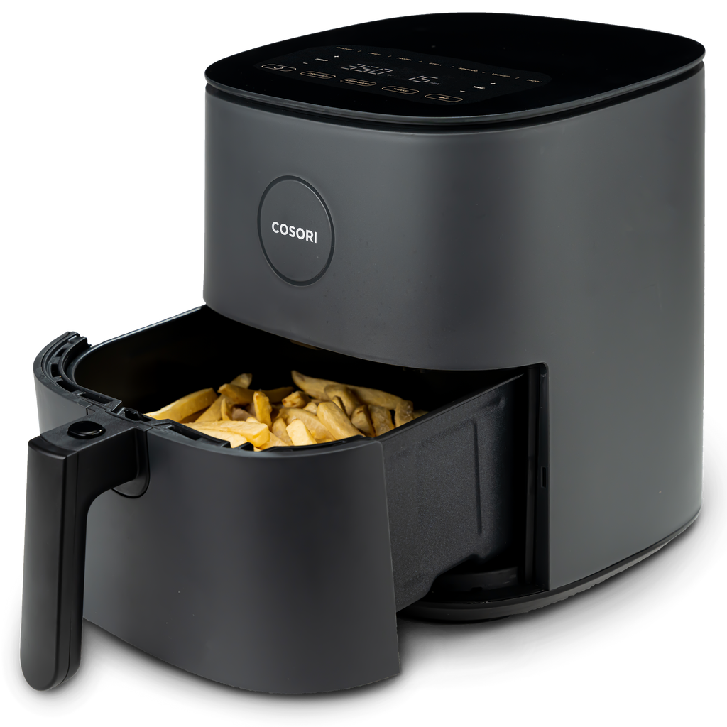 COSORI Pro LE 5.0-Quart Air Fryer with basket pulled out showing cooked food