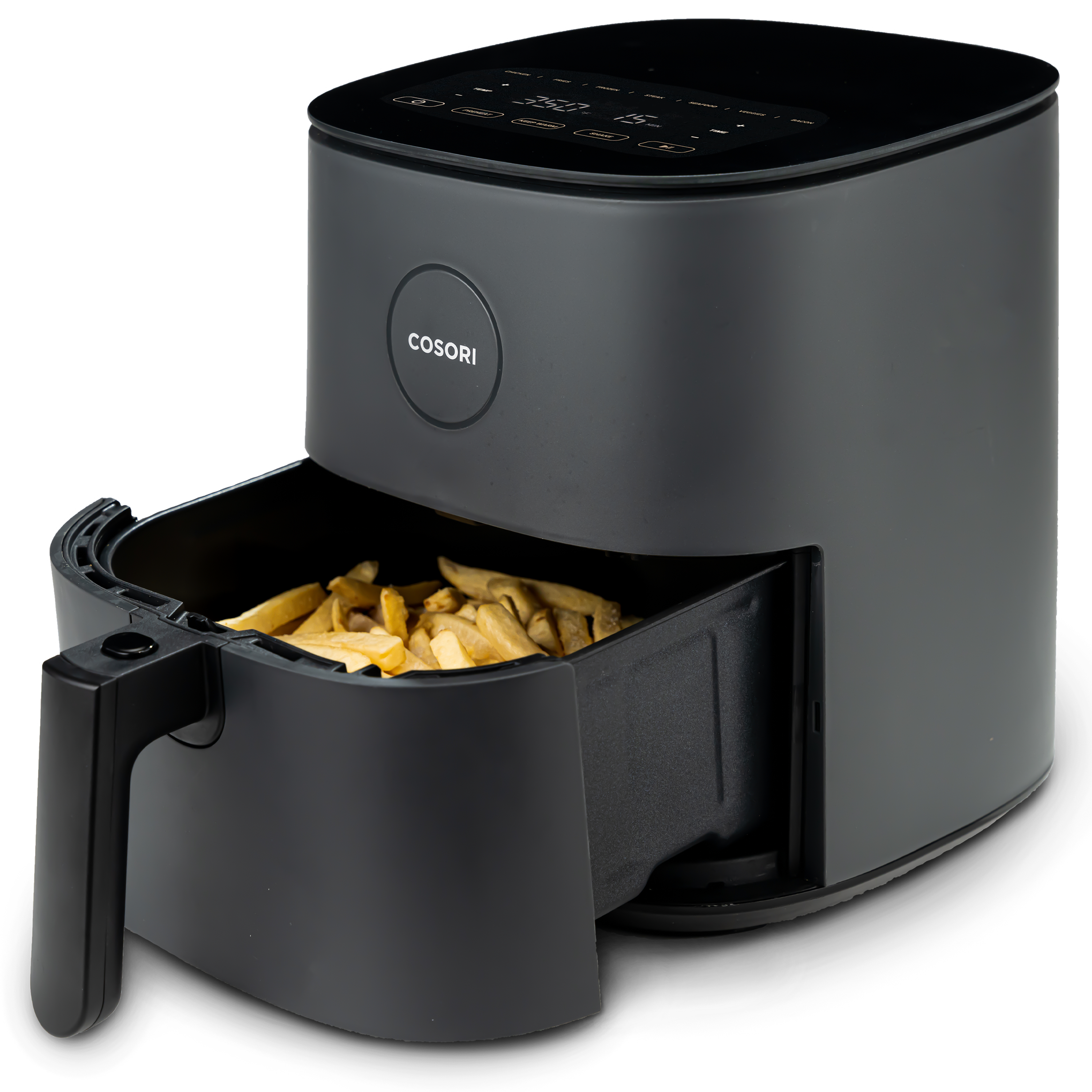 COSORI Pro LE 5.0-Quart Air Fryer with basket pulled out showing cooked food