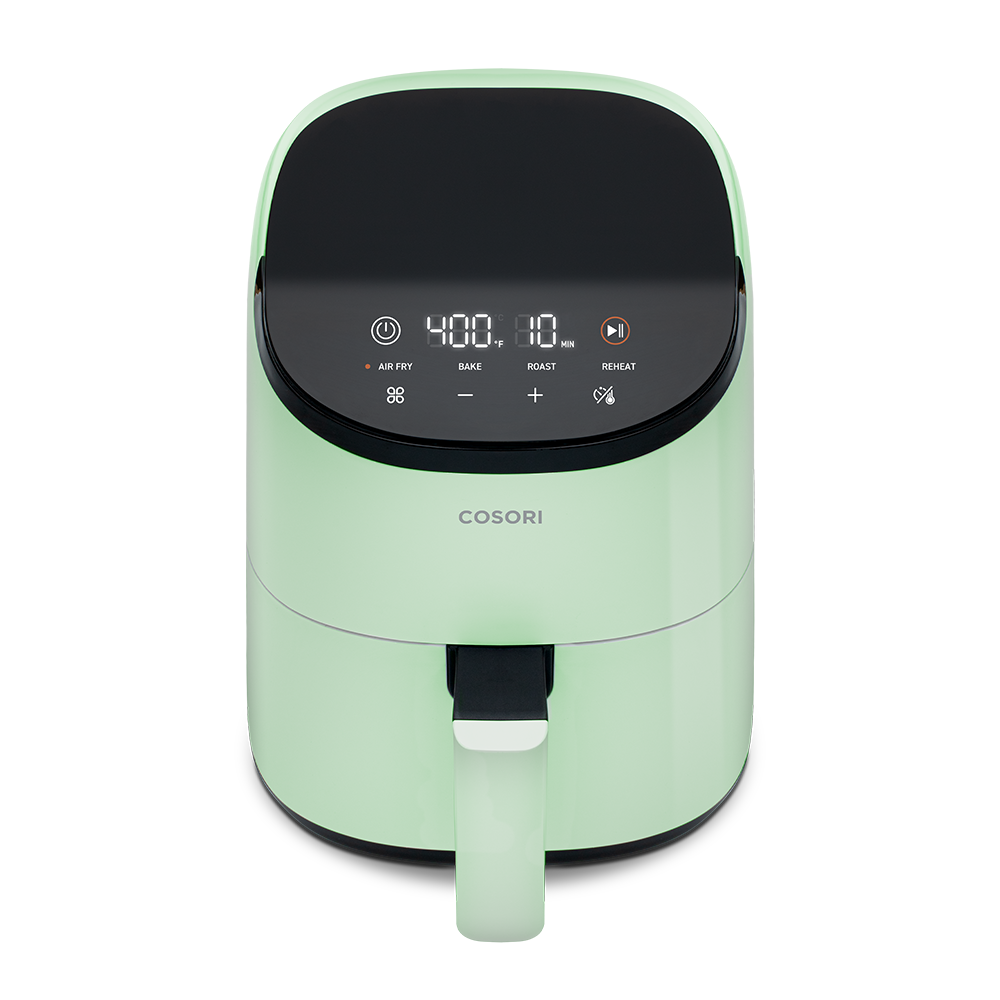 Close-up of the digital screen and settings on the sage green Cosori Lite Mini Air Fryer