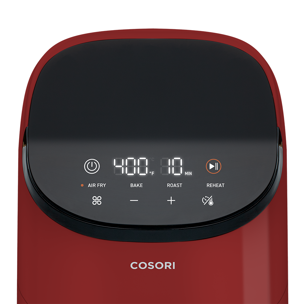 Top-down view of the LED display and cooking presets on the red Cosori Lite Mini Air Fryer
