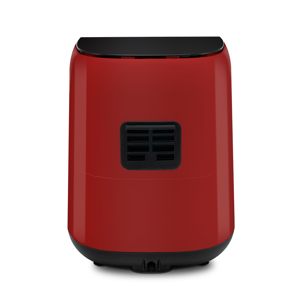 Rear view of the red Cosori Mini Air Fryer showing the rear exhaust vent and power cord