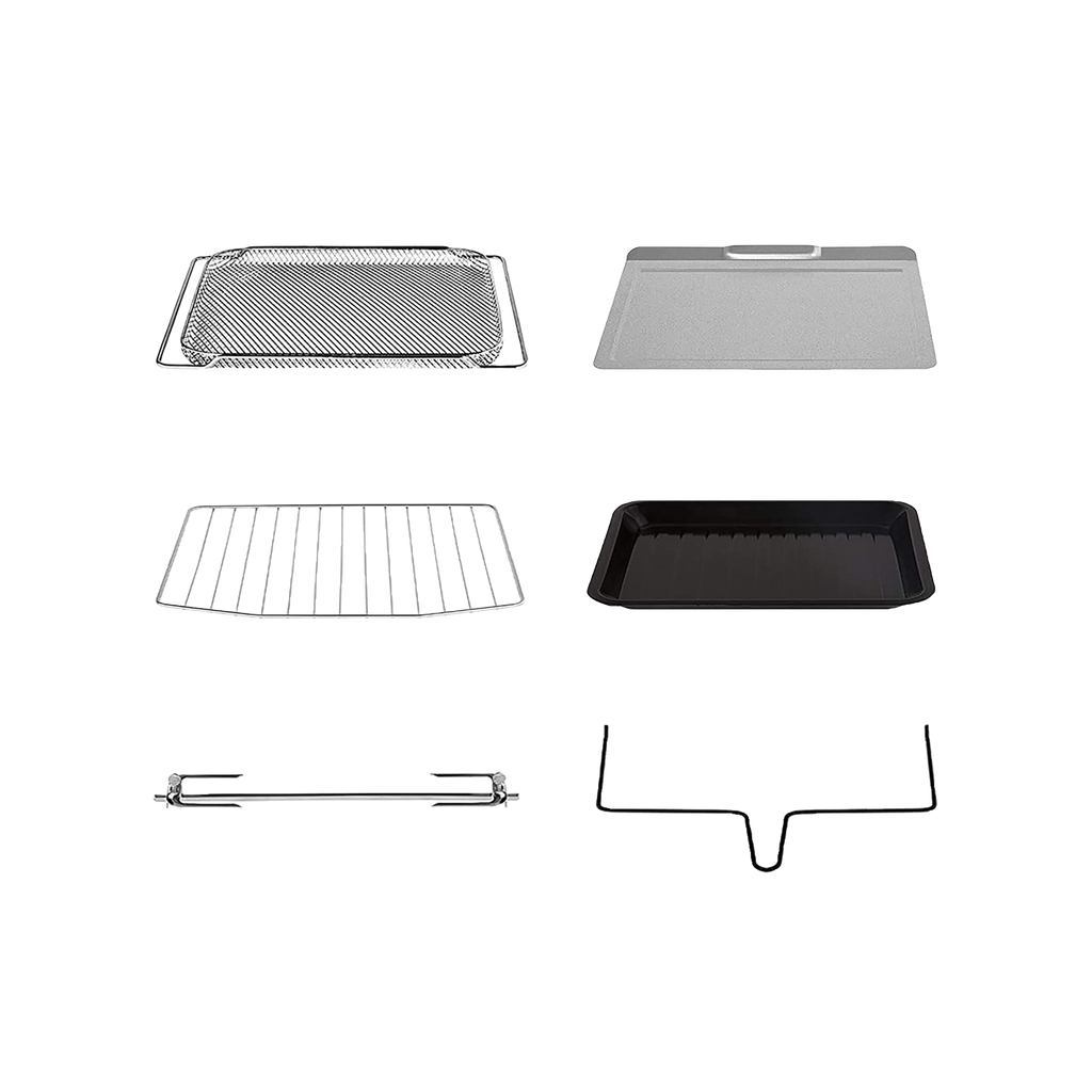 Accessories included with COSORI 30 Liter Smart Air Fryer Toaster Oven including trays, rack, and crumb tray