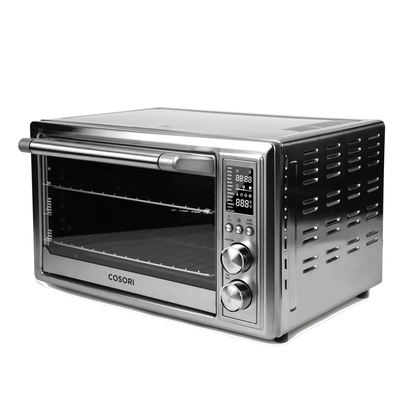 Angled side view of COSORI 30 Liter Smart Air Fryer Toaster Oven with stainless steel exterior