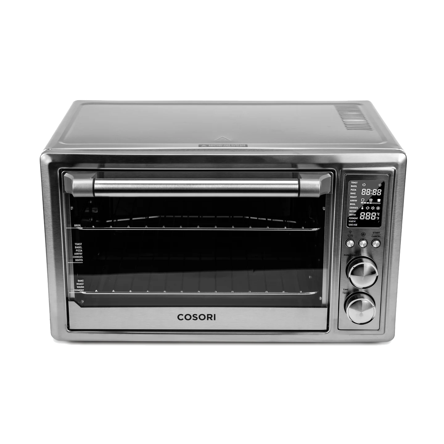 Front view of COSORI 30 Liter Smart Air Fryer Toaster Oven with glass door and control knobs