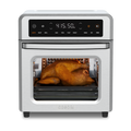 Cosori 13-Quart Air Fryer Oven with a whole roasted chicken cooking inside. Stainless steel finish