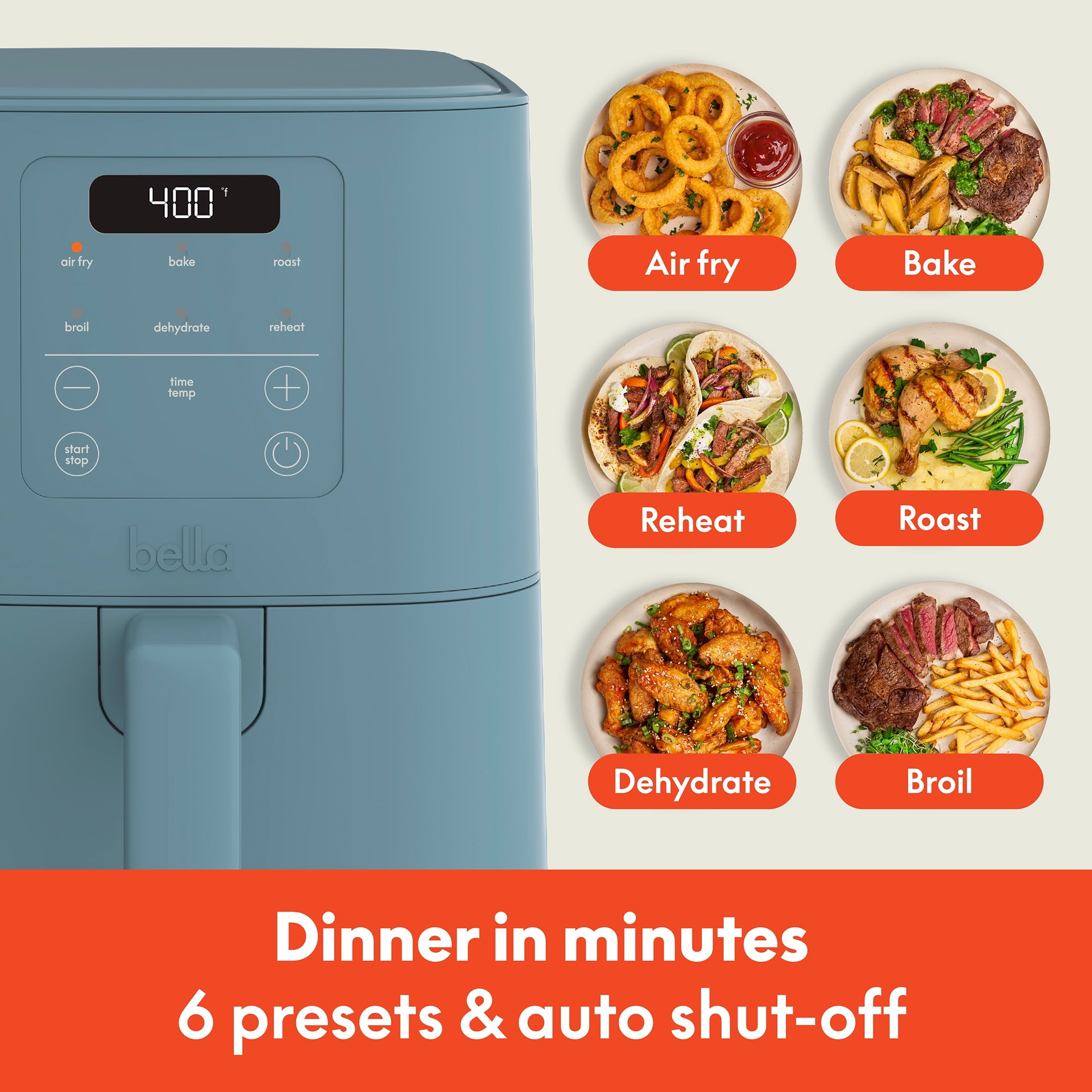 bella 4 Qt Slim Digital Air Fryer with EverGood™ Ceramic Nonstick Coating, 6 Preset Cooking Options, Blossom