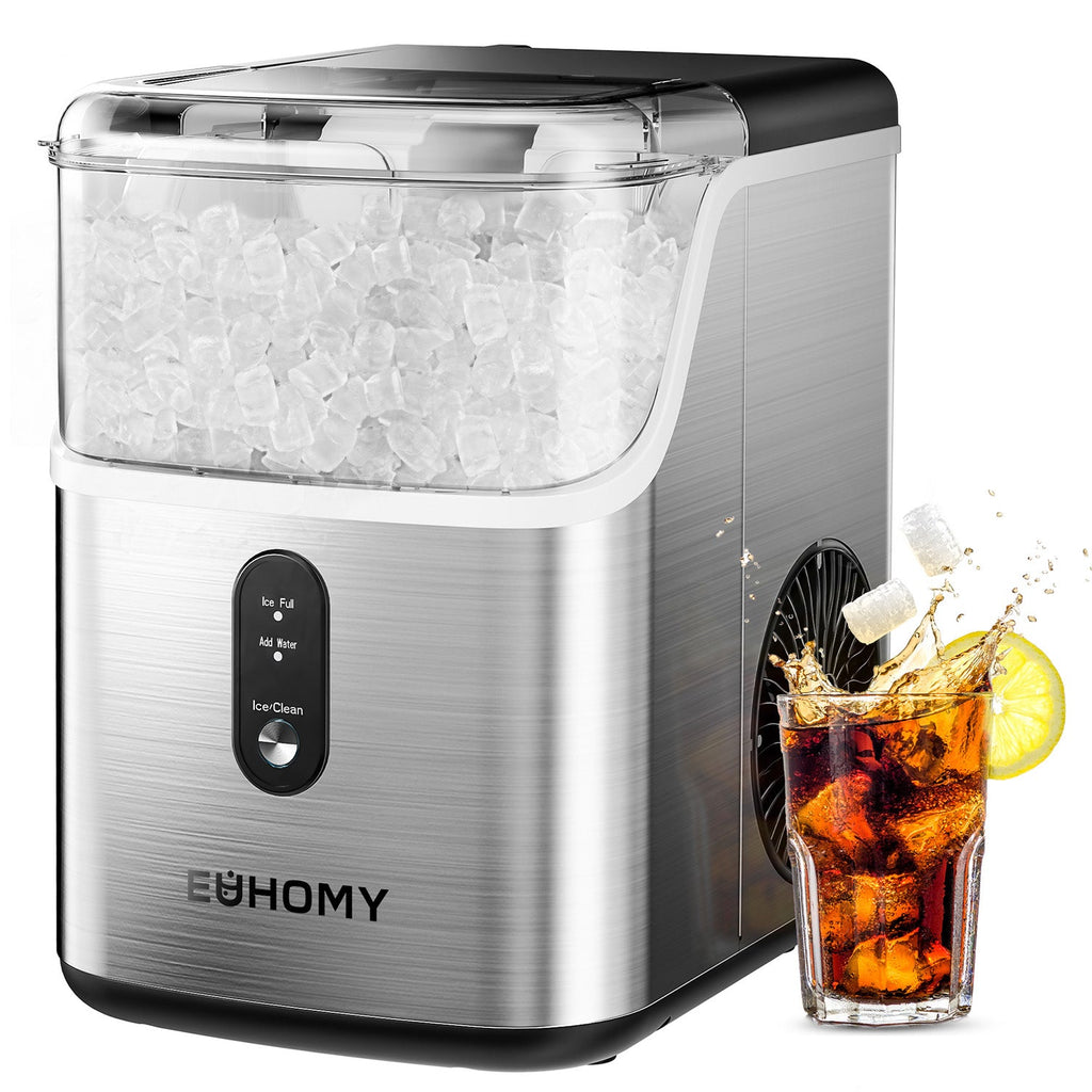 Euhomy Pearl L1 nugget ice maker, full ice bin, glass of iced cola. Brushed stainless steel.