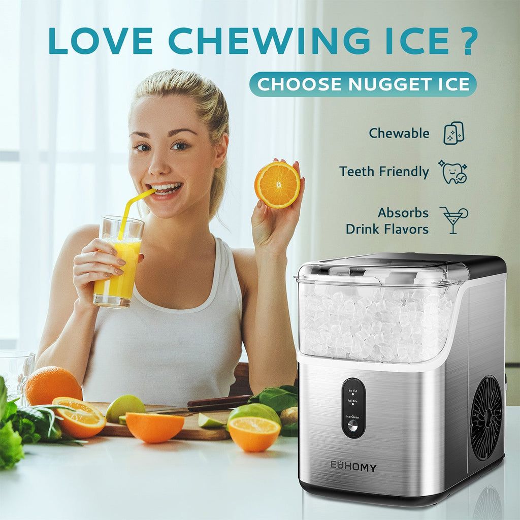 Euhomy Pearl L1 nugget ice maker with ice, young woman enjoying a drink with orange slices.