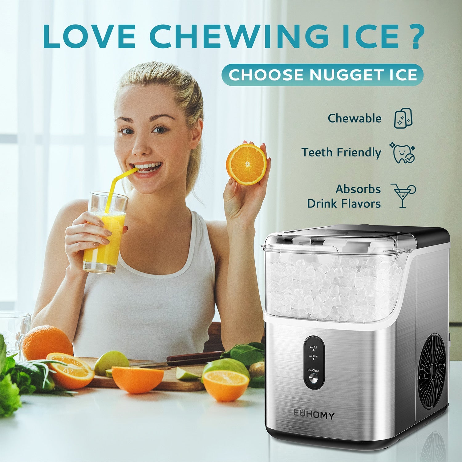 Euhomy Pearl L1 nugget ice maker with ice, young woman enjoying a drink with orange slices.