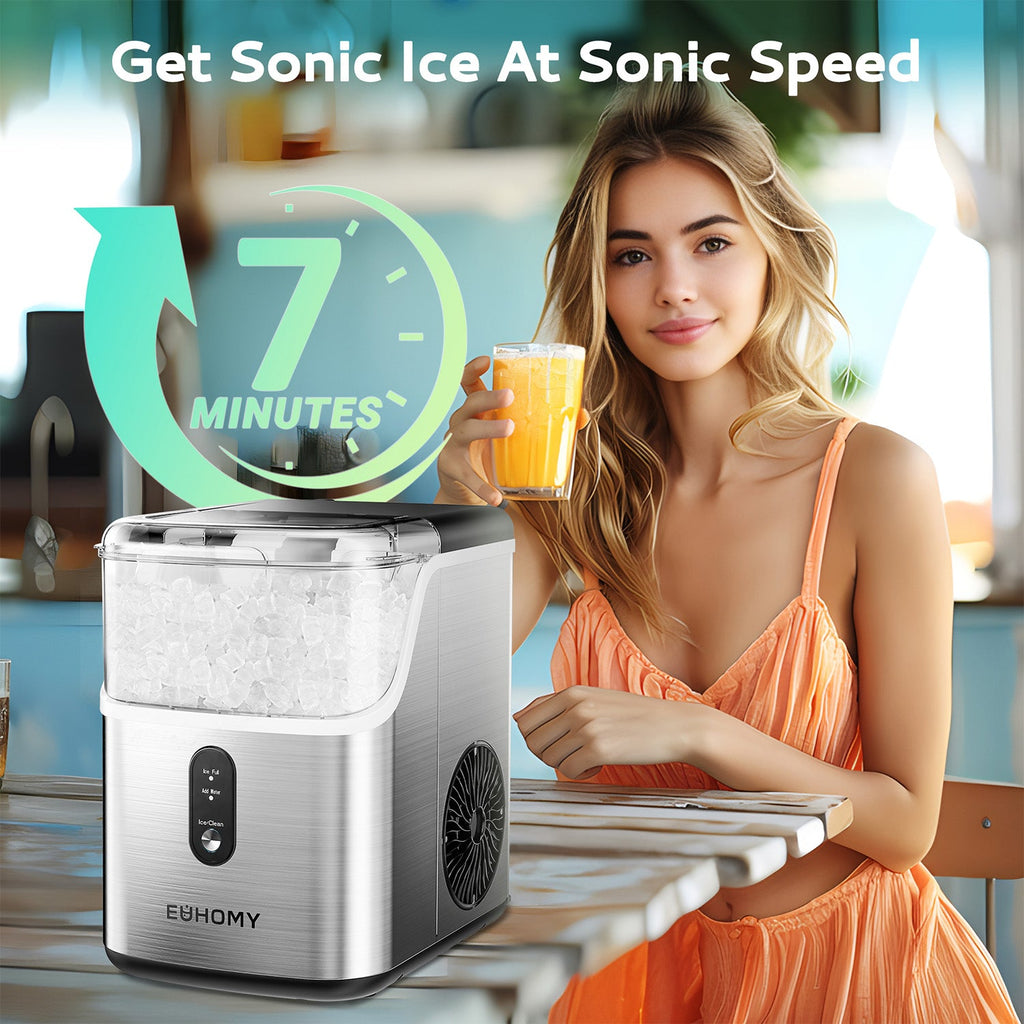 Euhomy Pearl L1 nugget ice maker with a woman holding a beverage, highlighting 7-minute ice production.