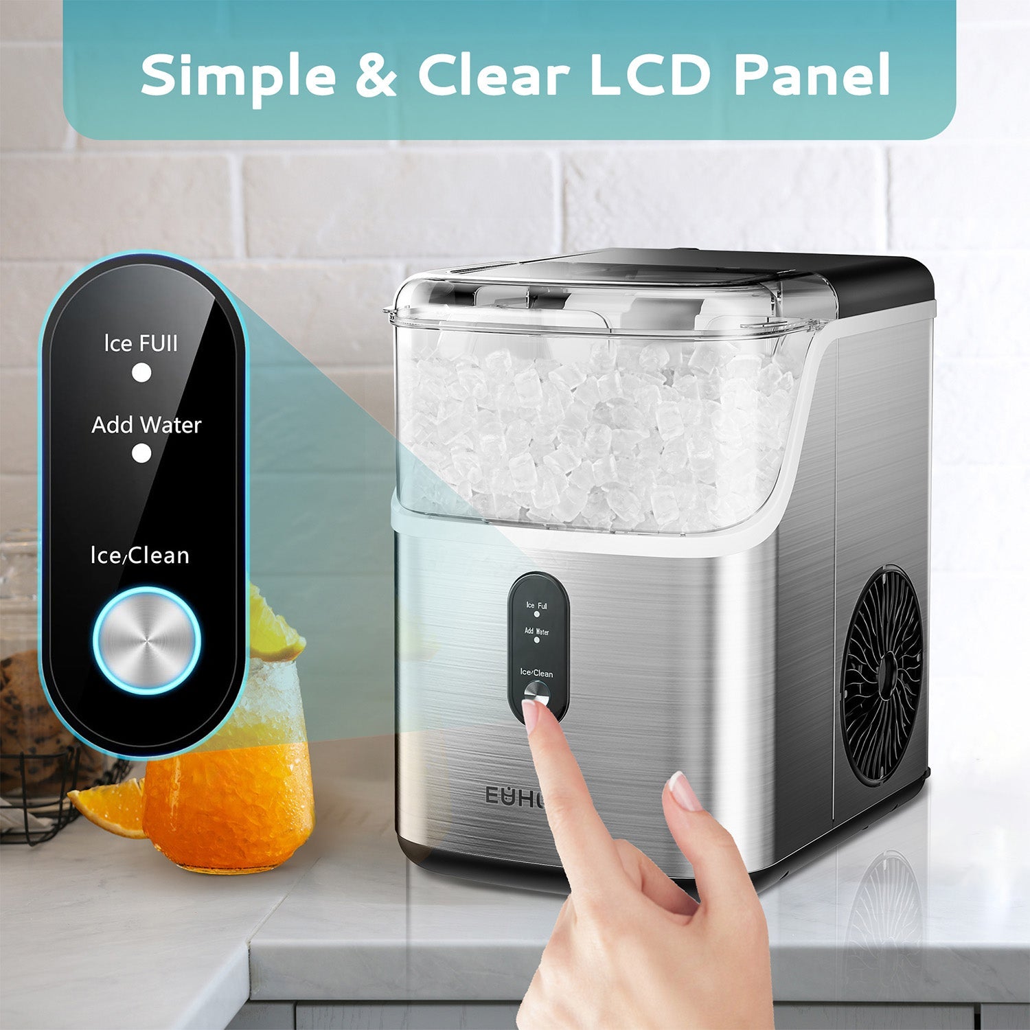Euhomy Pearl L1 Nugget Ice Maker with simple LCD panel. Hand presses Ice/Clean button.