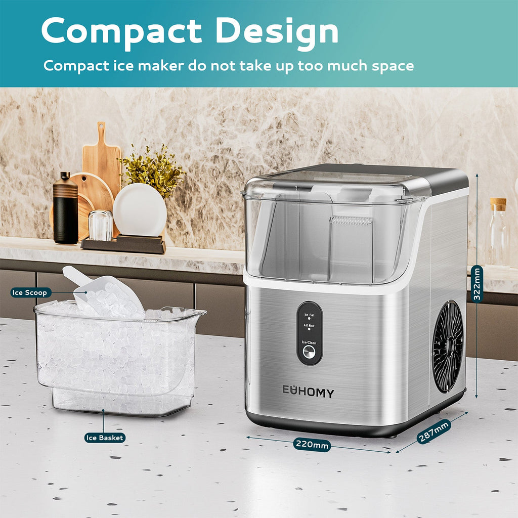 Euhomy Pearl L1 nugget ice maker with ice basket and scoop. Shows 220mm width, 287mm depth, and 322mm height.