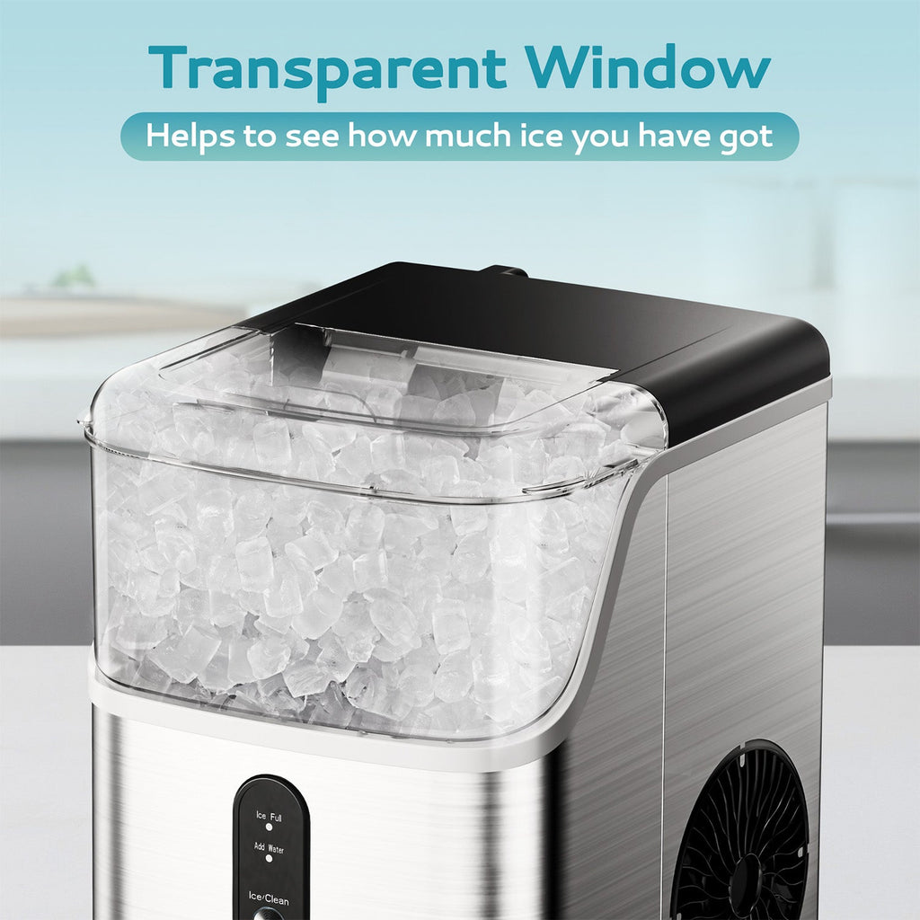 Euhomy Pearl L1 Nugget Ice Maker with full ice bin and transparent window, text highlights 'Transparent Window'.
