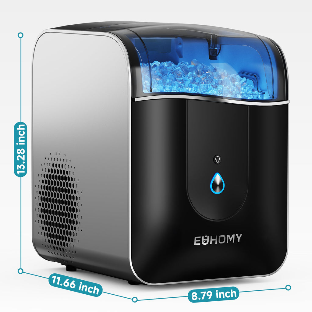 Euhomy Pearl L1 Pro Nugget Ice Maker shown with dimensions 13.28" H x 8.79" W x 11.66" D, filled with nugget ice.