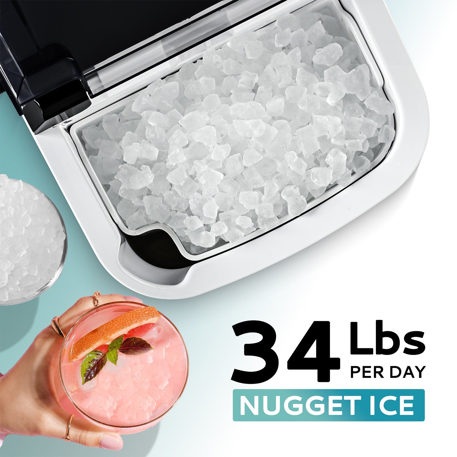 Euhomy Pearl H1 ice maker producing 34 lbs of nugget ice daily. Cocktail with nugget ice.