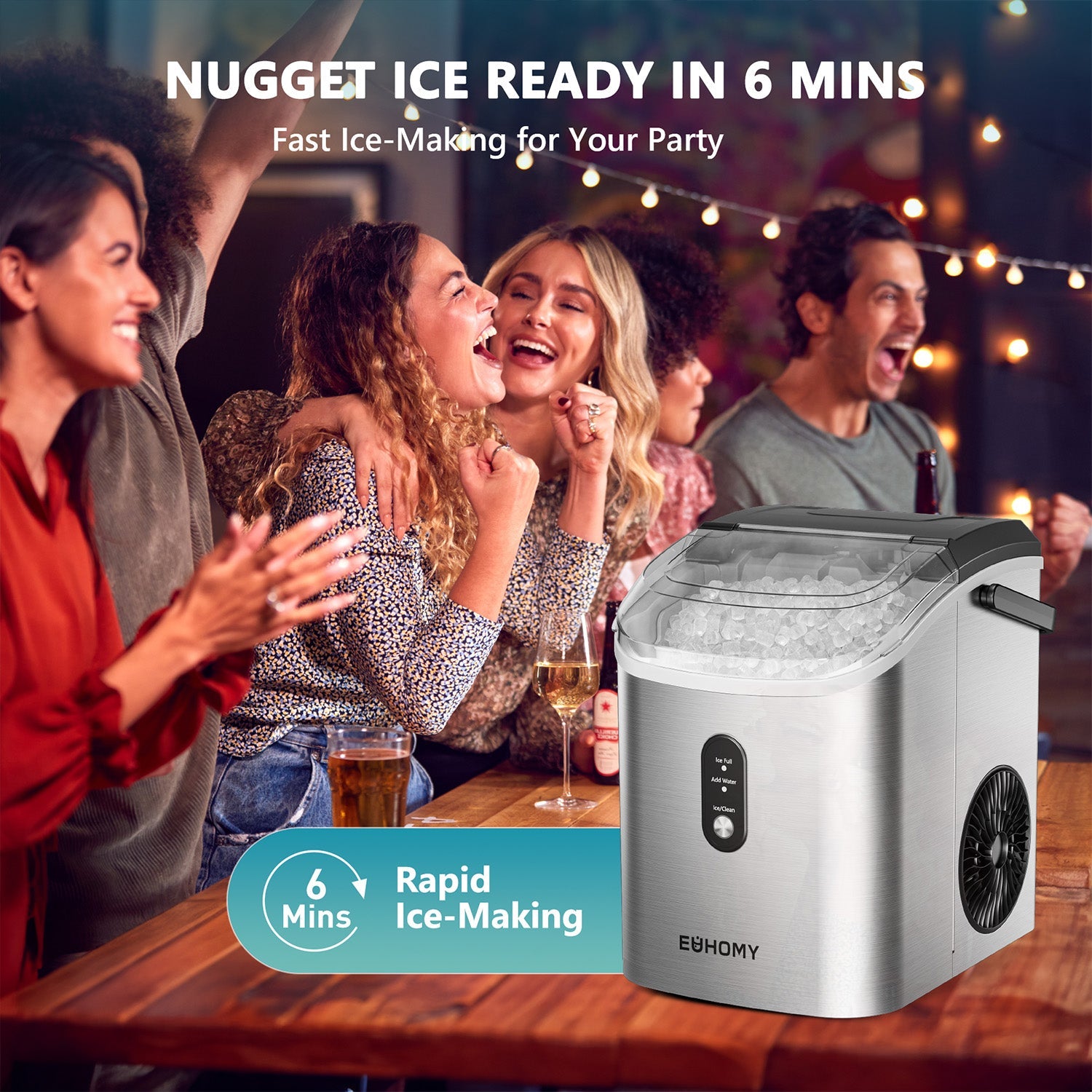 Euhomy Pearl H1 Nugget Ice Maker with ice ready in 6 mins, ideal for parties and rapid ice-making.