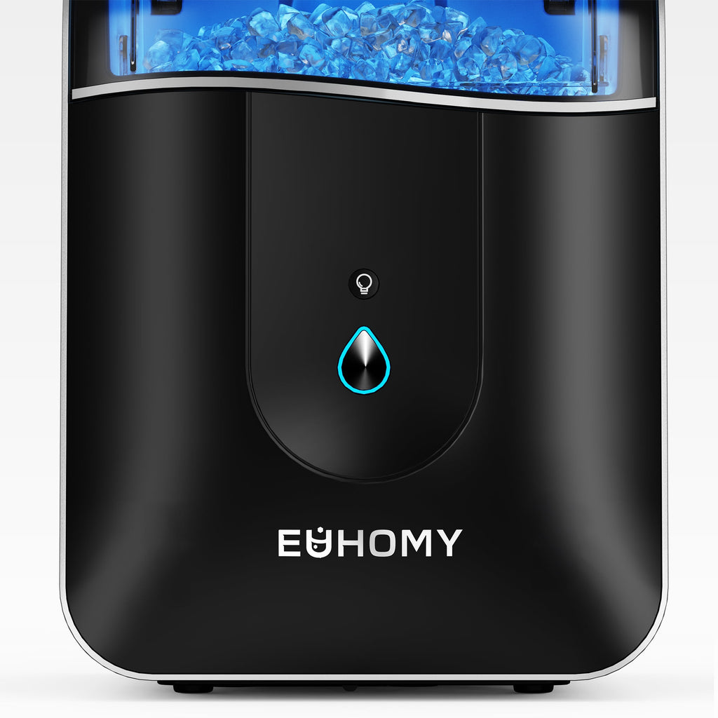 Euhomy Pearl L1 Pro ice maker, black, with clear nugget ice and illuminated water droplet button.
