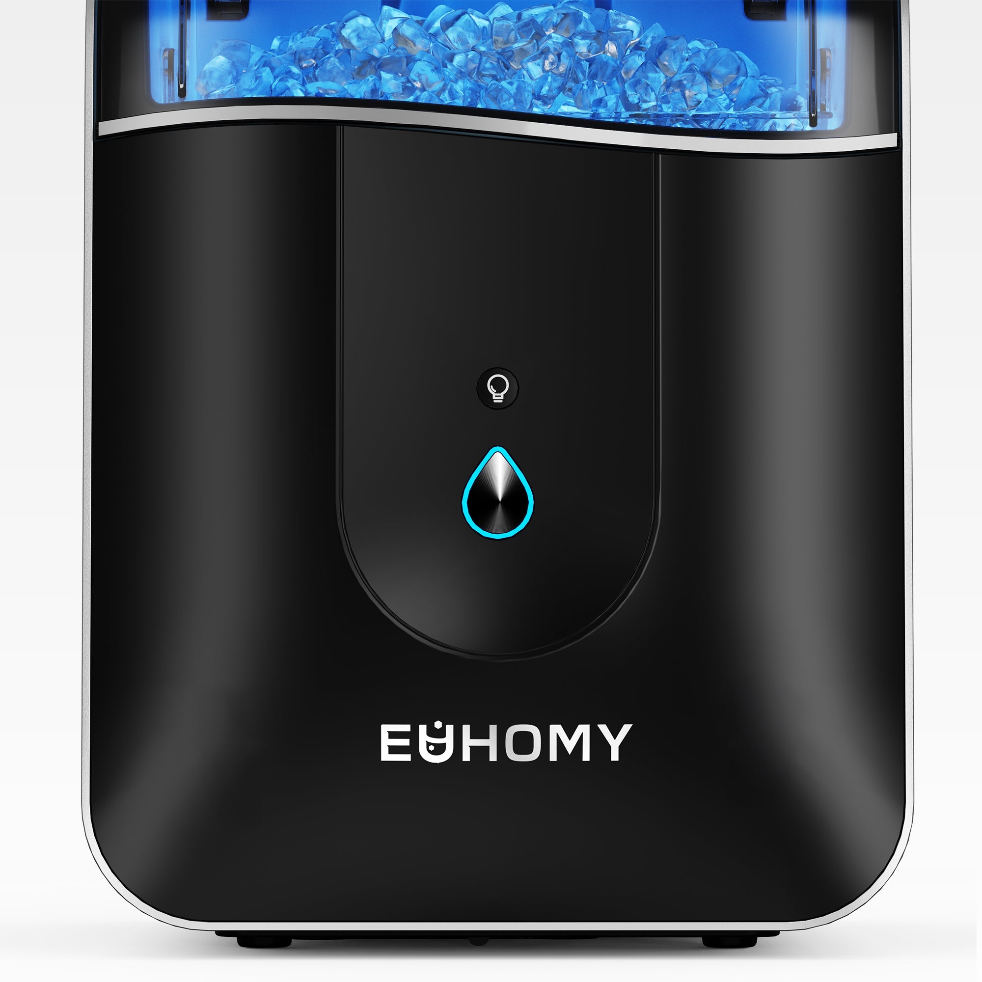 Euhomy Pearl L1 Pro ice maker, black, with clear nugget ice and illuminated water droplet button.