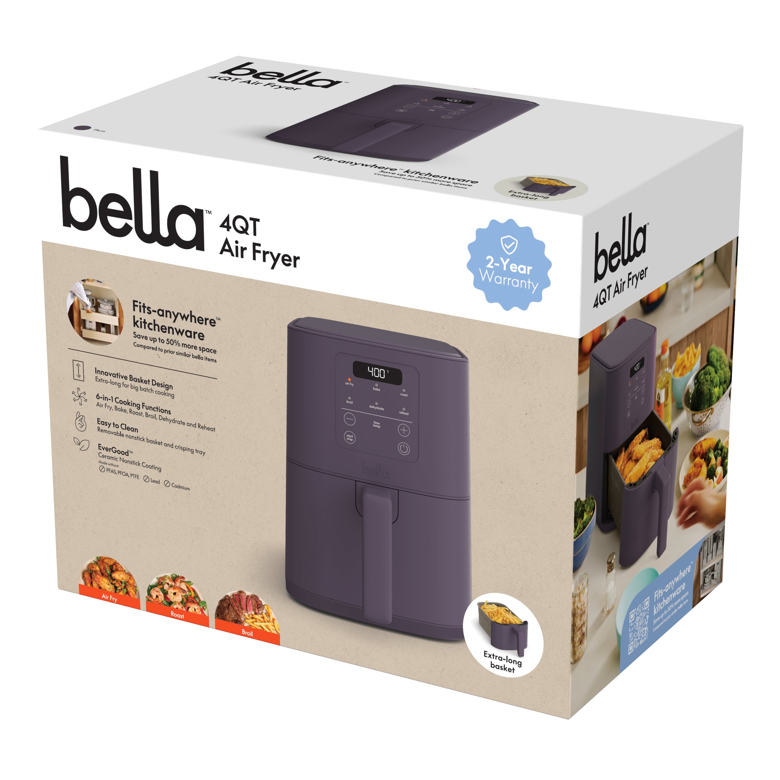 bella 4 Qt Slim Digital Air Fryer with EverGood™ Ceramic Nonstick Coating, 6 Preset Cooking Options, Blossom