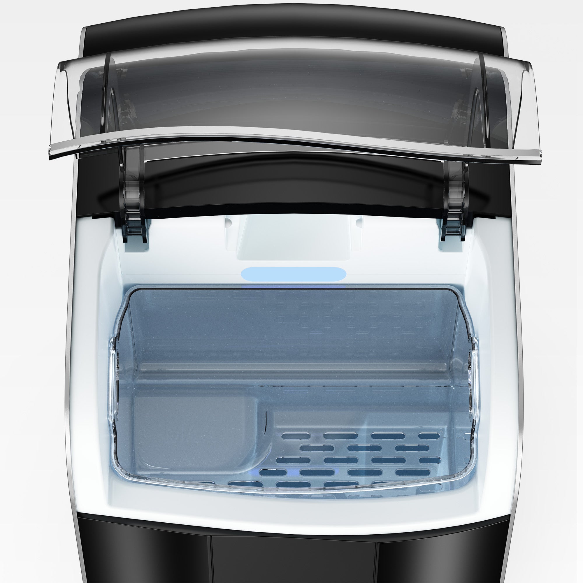 Euhomy Pearl L1 Pro nugget ice maker interior with ice bin and blue indicator light.