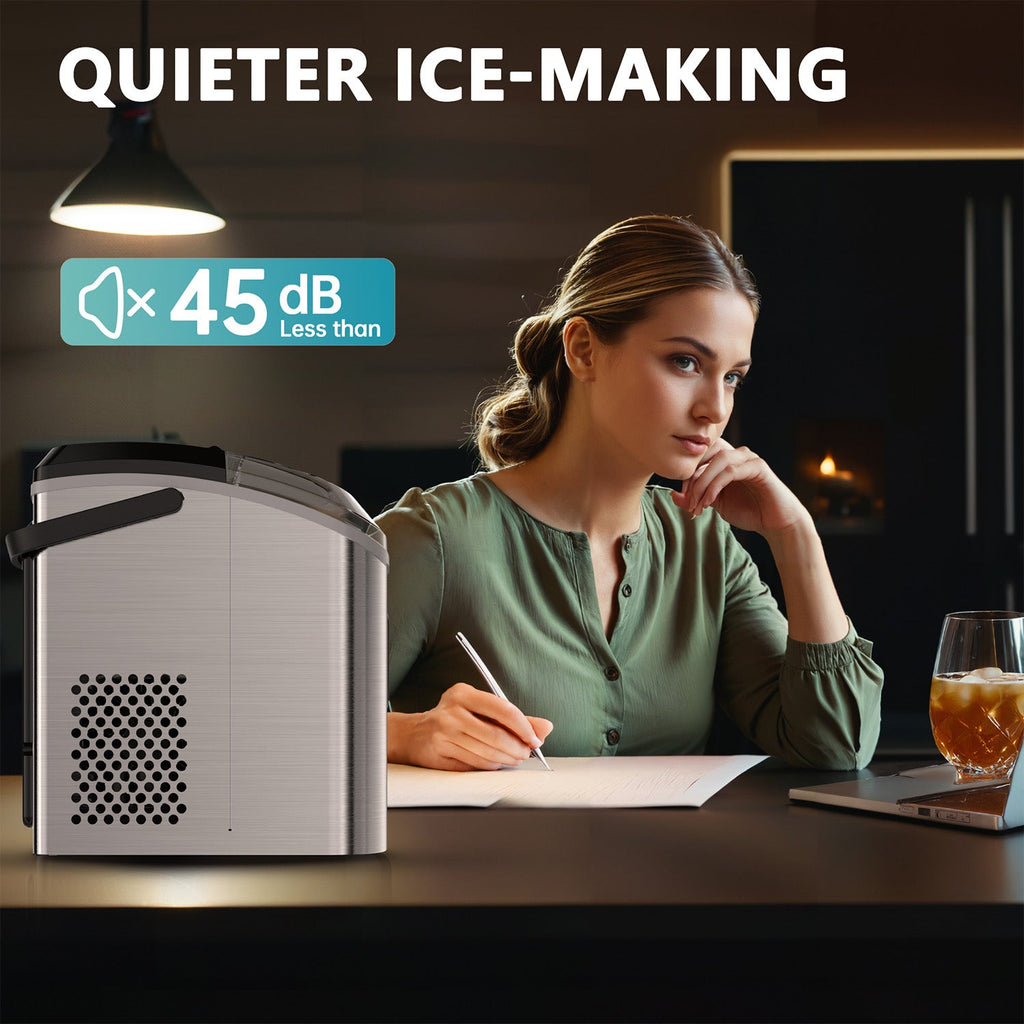 Euhomy Pearl H1 nugget ice maker operating quietly at 45 dB, as a woman works at a desk.