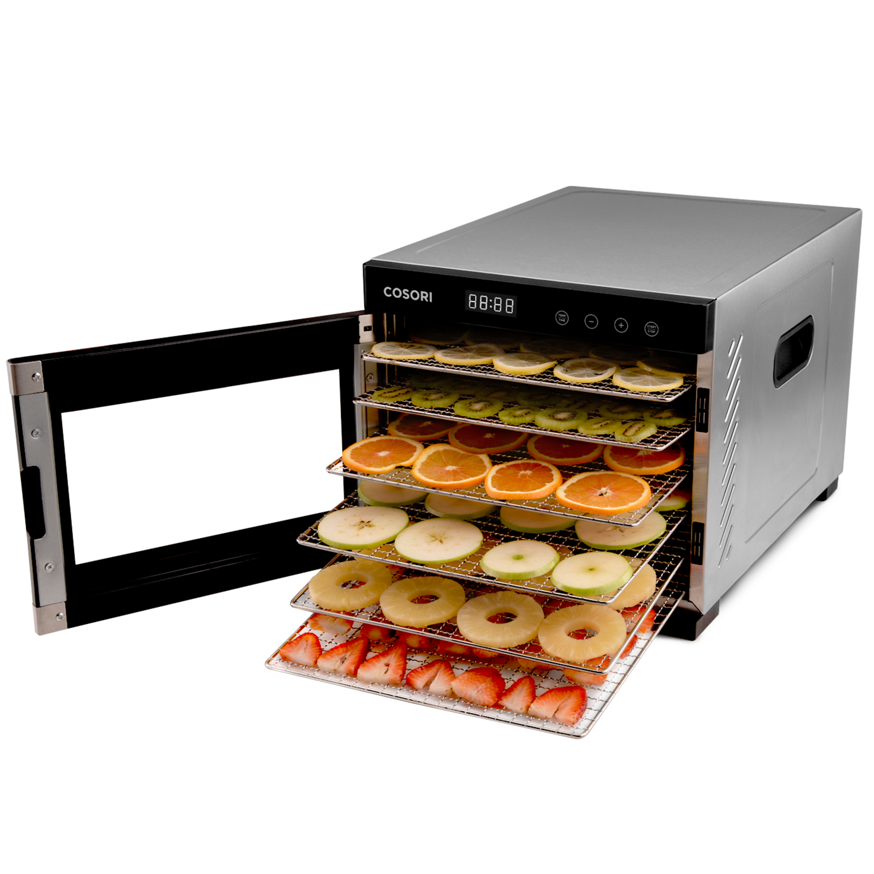 COSORI food dehydrator with door open showing trays filled with sliced fruit