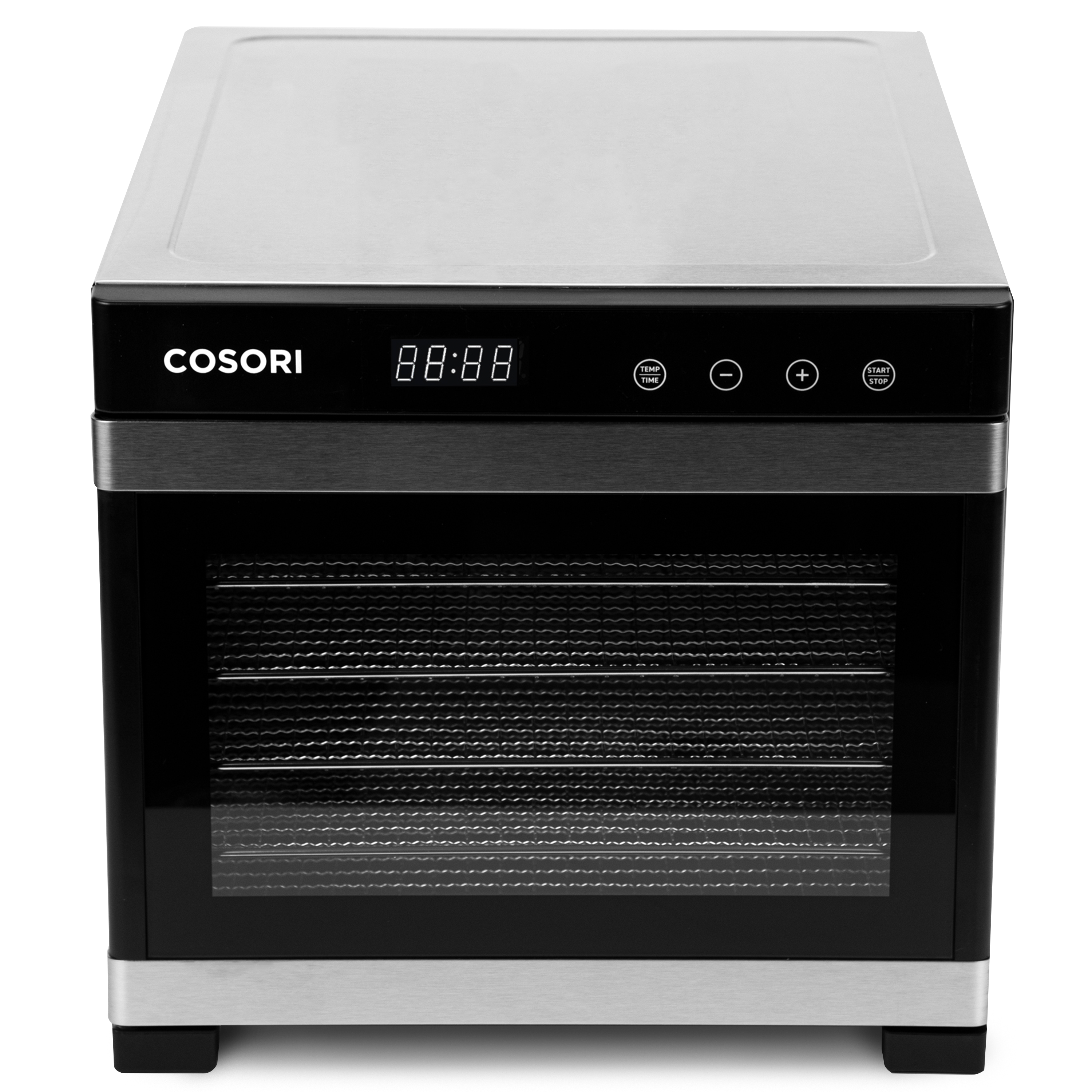 Front view of COSORI food dehydrator with stainless steel drying racks