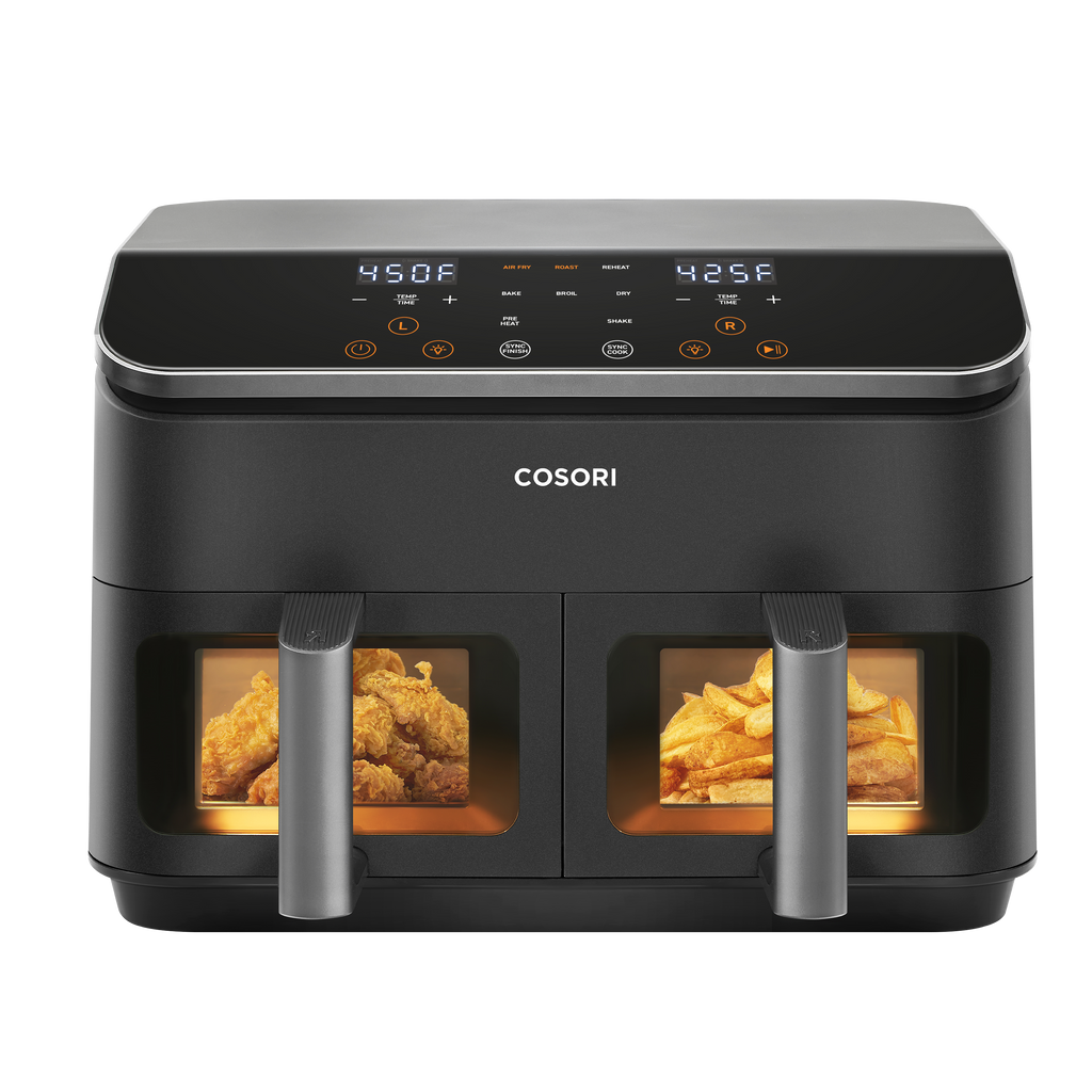COSORI 9-quart dual basket air fryer front view with two baskets