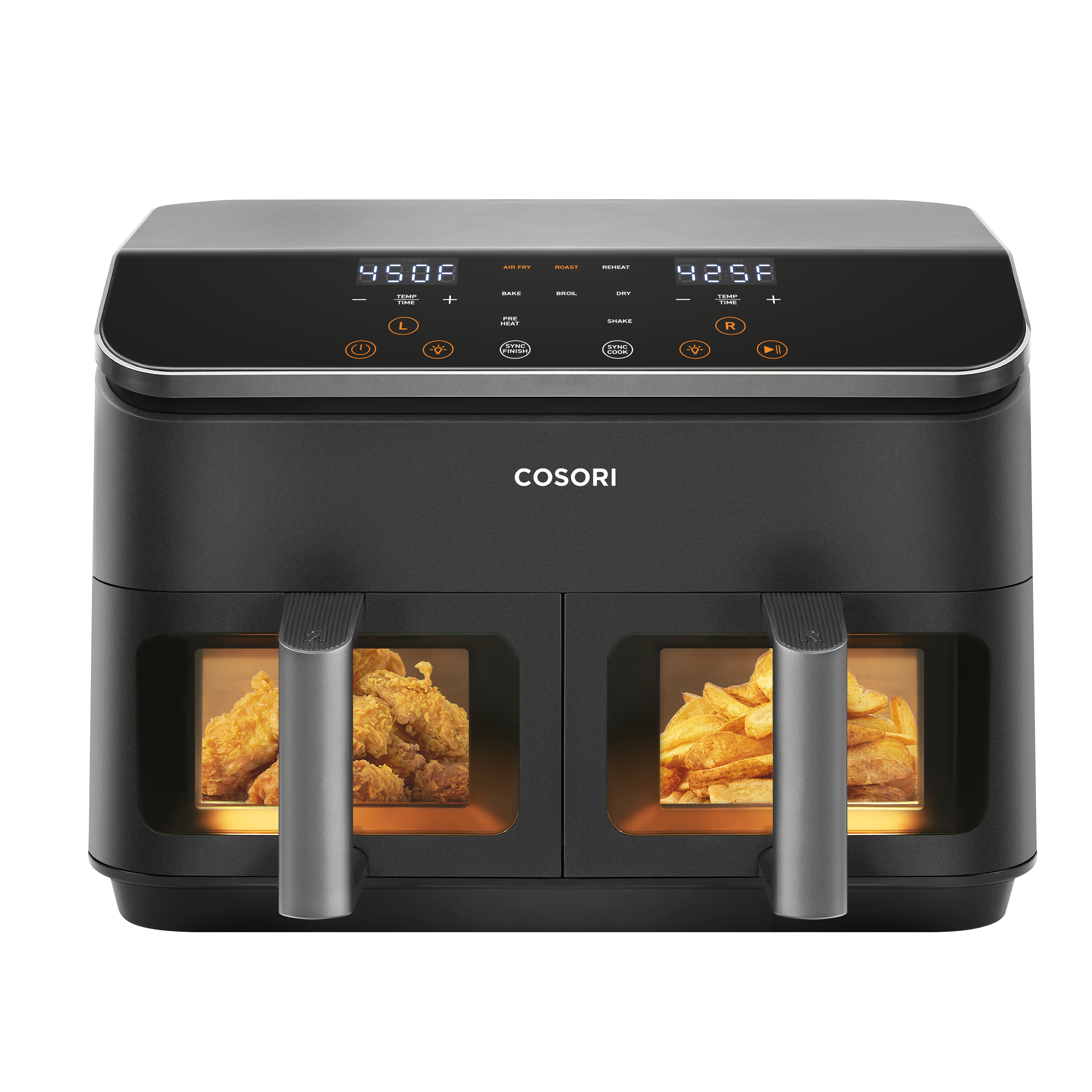 COSORI 9-quart dual basket air fryer front view with two baskets