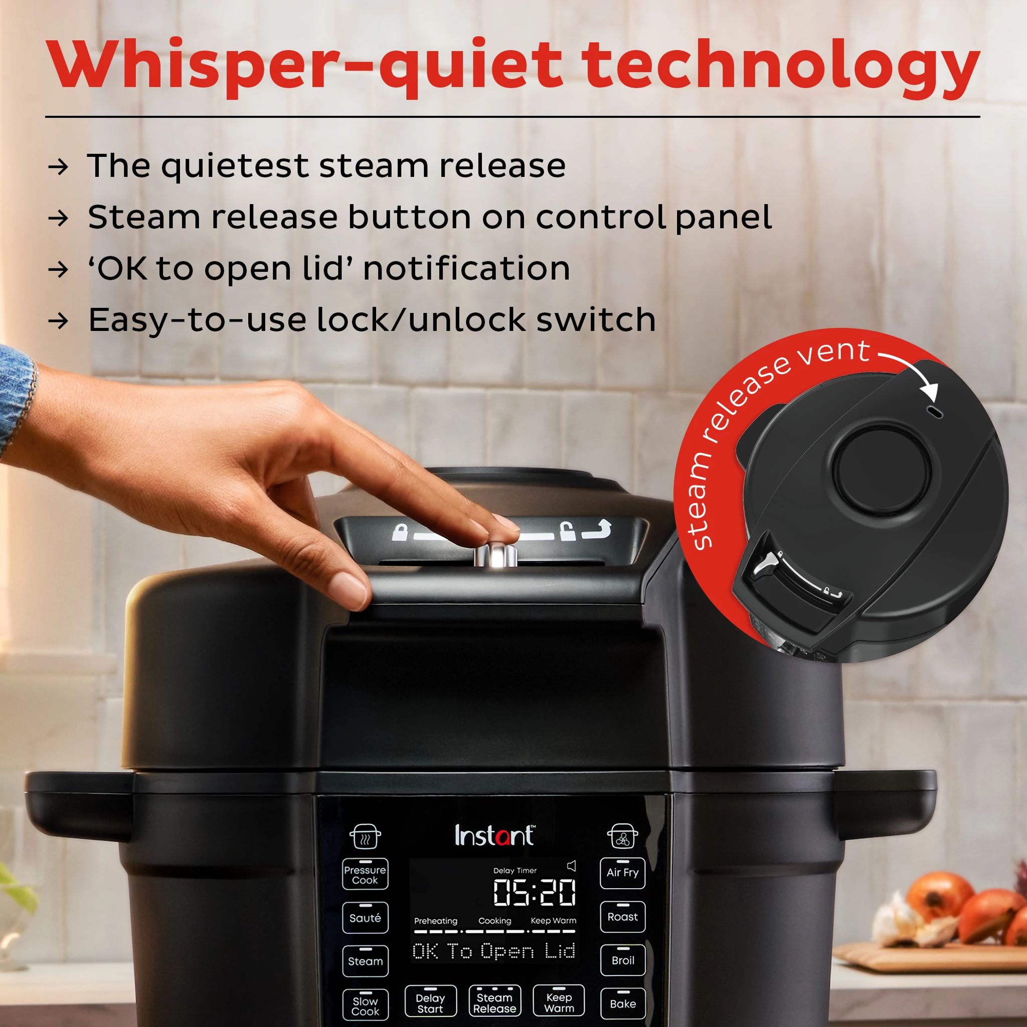  Duo™ Crisp™ 6.5-qt with Ultimate Lid Multi-Cooker &amp; Air Fryer with text whisper quiet technology