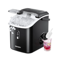 Euhomy Pearl H1 Nugget Ice Maker in black, with ice bin full and ice falling into a drink.