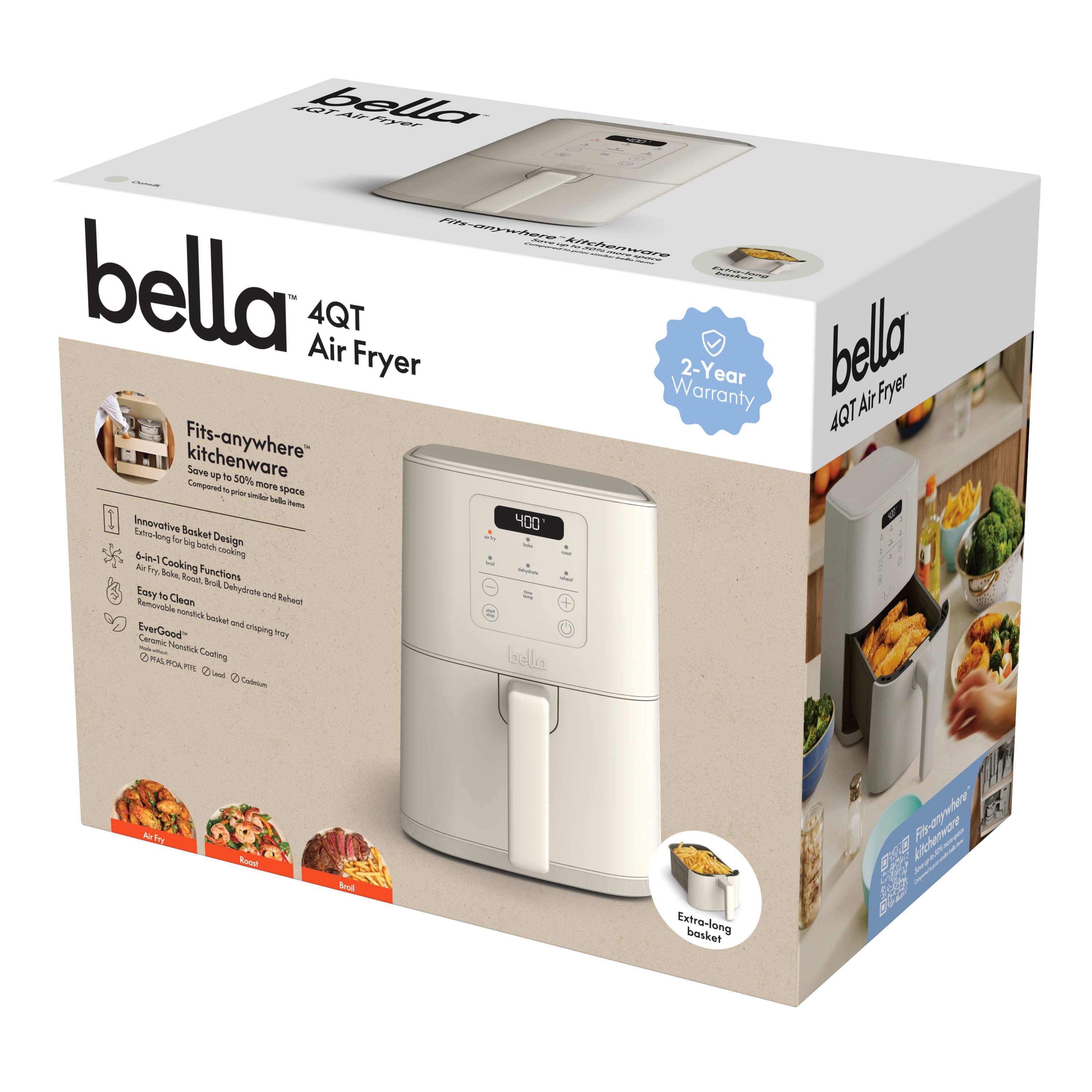 bella 4 Qt Slim Digital Air Fryer with EverGood™ Ceramic Nonstick Coating, 6 Preset Cooking Options, Blossom