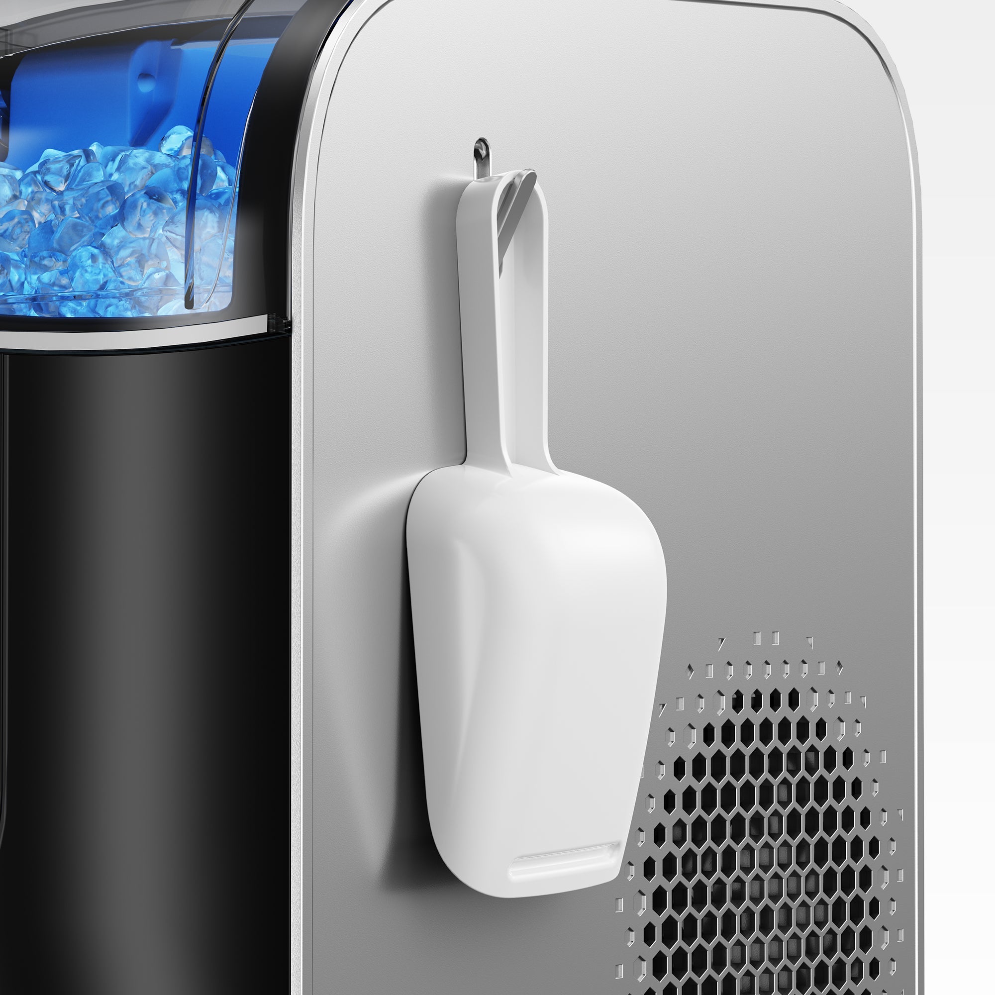 Euhomy Pearl L1 Pro nugget ice maker with a white ice scoop attached to its side and a transparent bin filled with ice.