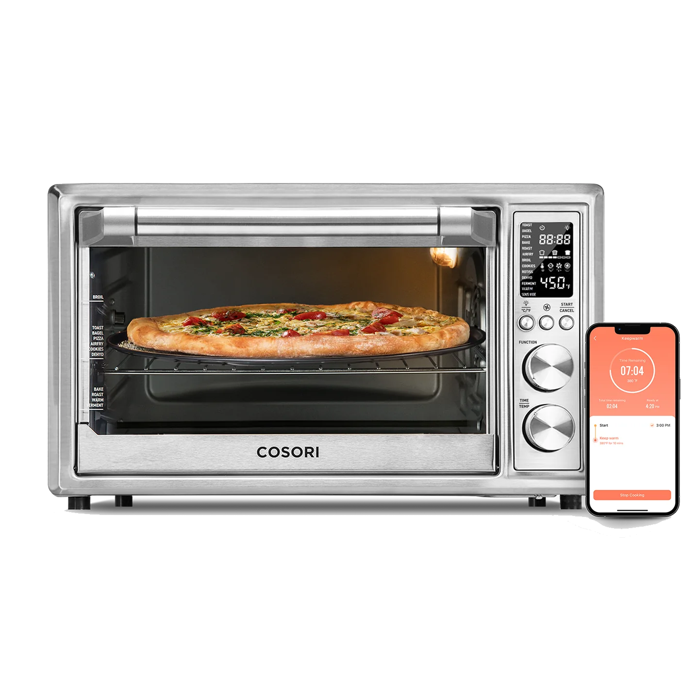 COSORI 30 Liter Smart Air Fryer Toaster Oven with pizza inside and smartphone app displayed beside the unit