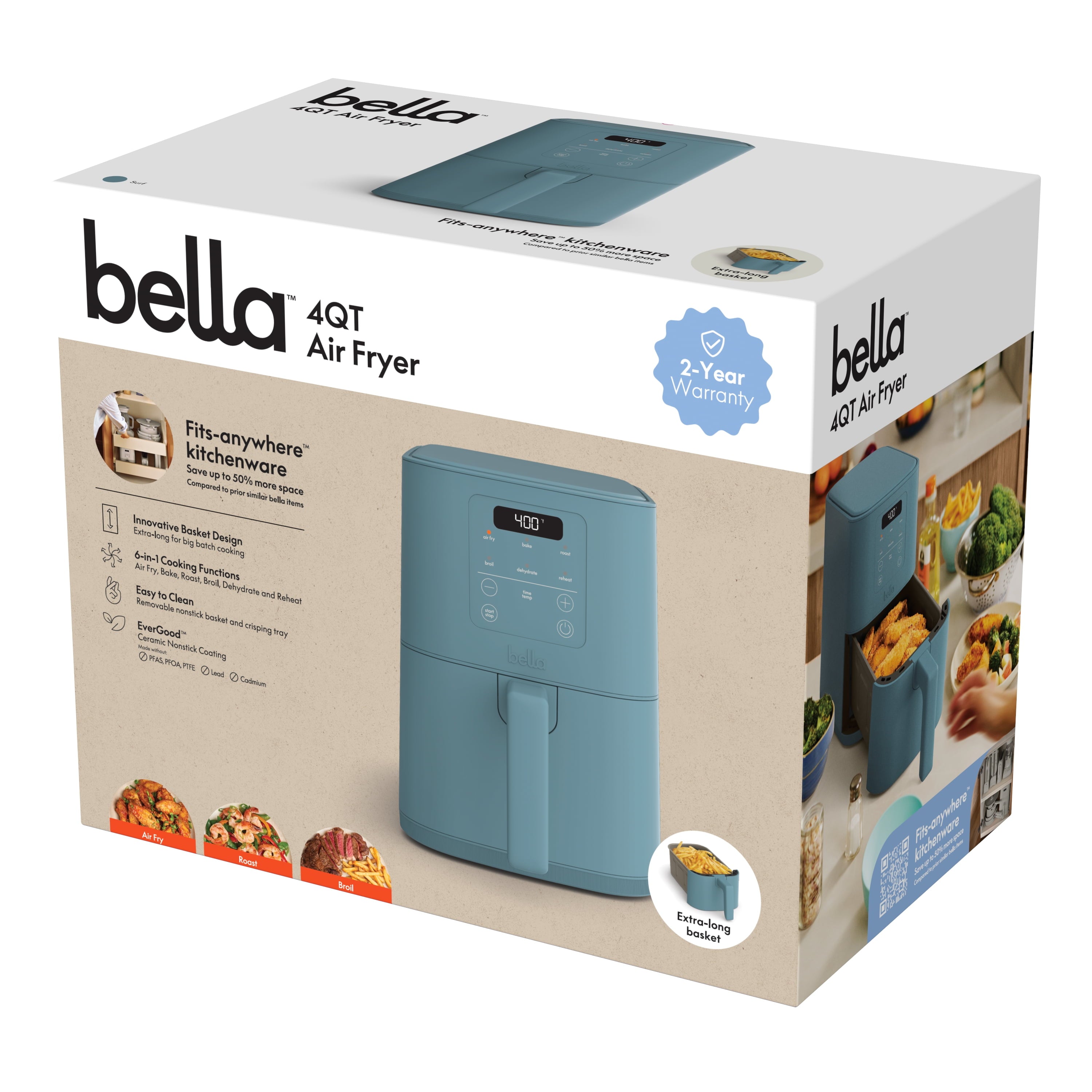 bella 4 Qt Slim Digital Air Fryer with EverGood™ Ceramic Nonstick Coating, 6 Preset Cooking Options, Blossom
