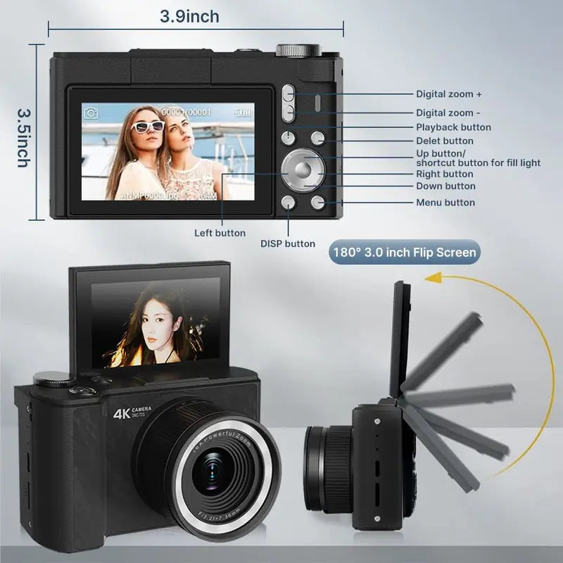 Digital Camera for Photography, Y2K Foldable Screen Portable Vlogging Camera with 32GB SD Card, Wrist Strap, Self Timer, Smooth Video vlogging Camera, Ideal Gift for Girls, Boys Teenagers, and Beginners, Birthday Christmas Valentine's Day Gift